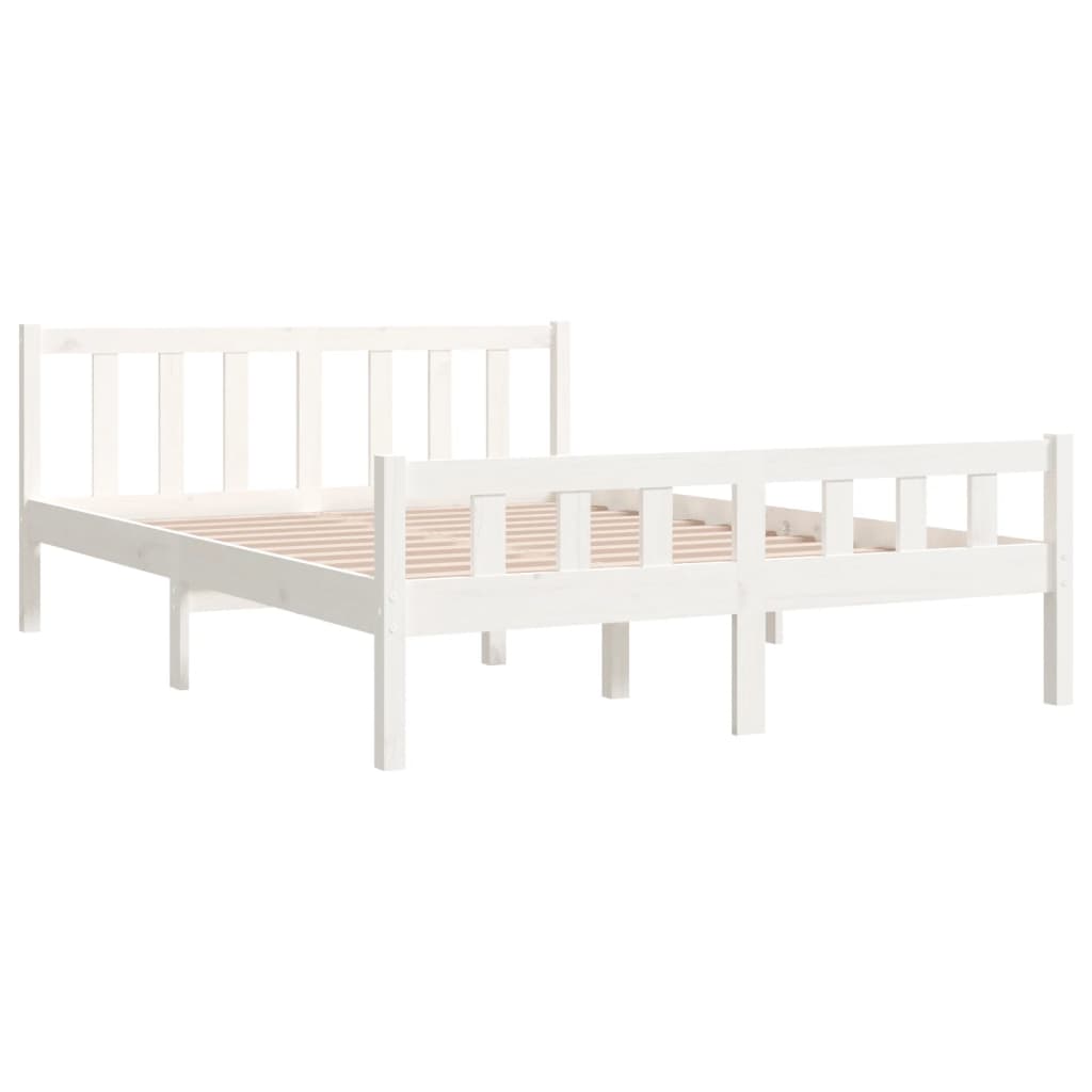 White solid wood bed frame without mattress