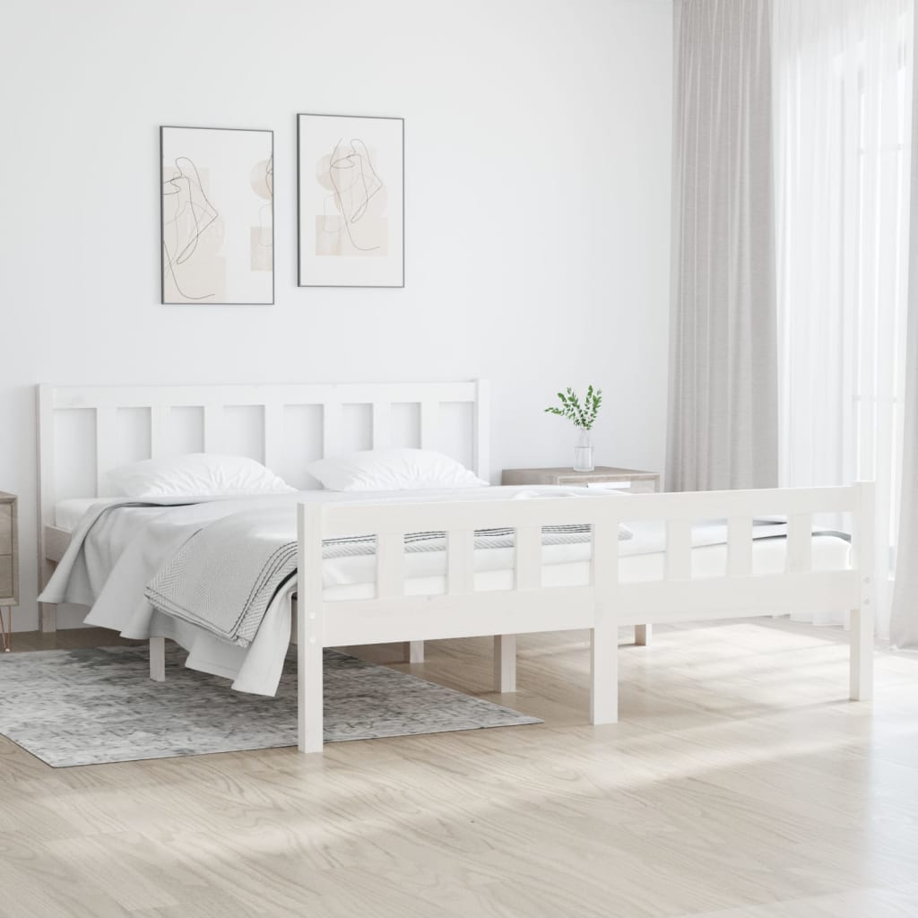 White solid wood bed frame without mattress