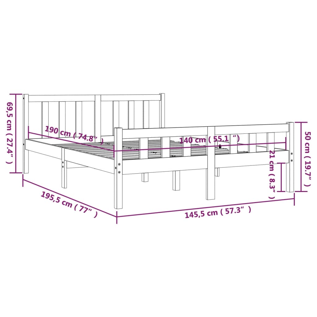 Bettgestell ohne Matratze aus grauem Massivholz 140x190 cm