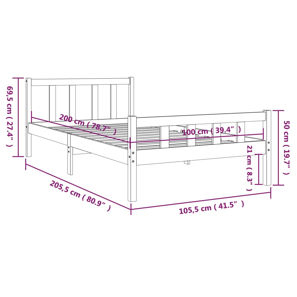 Bed frame without mattress solid wood 100x200 cm