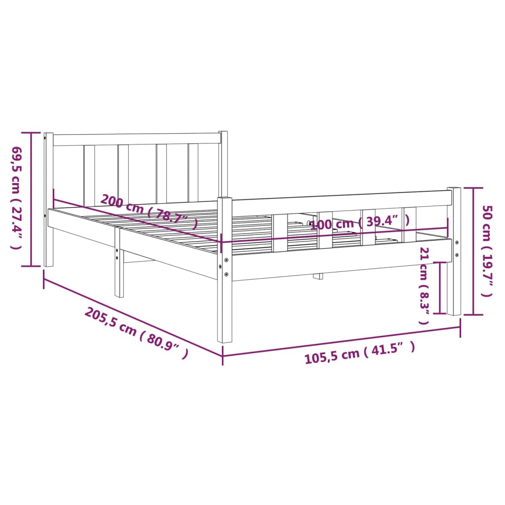 Cadre de lit sans matelas gris bois massif 100x200 cm