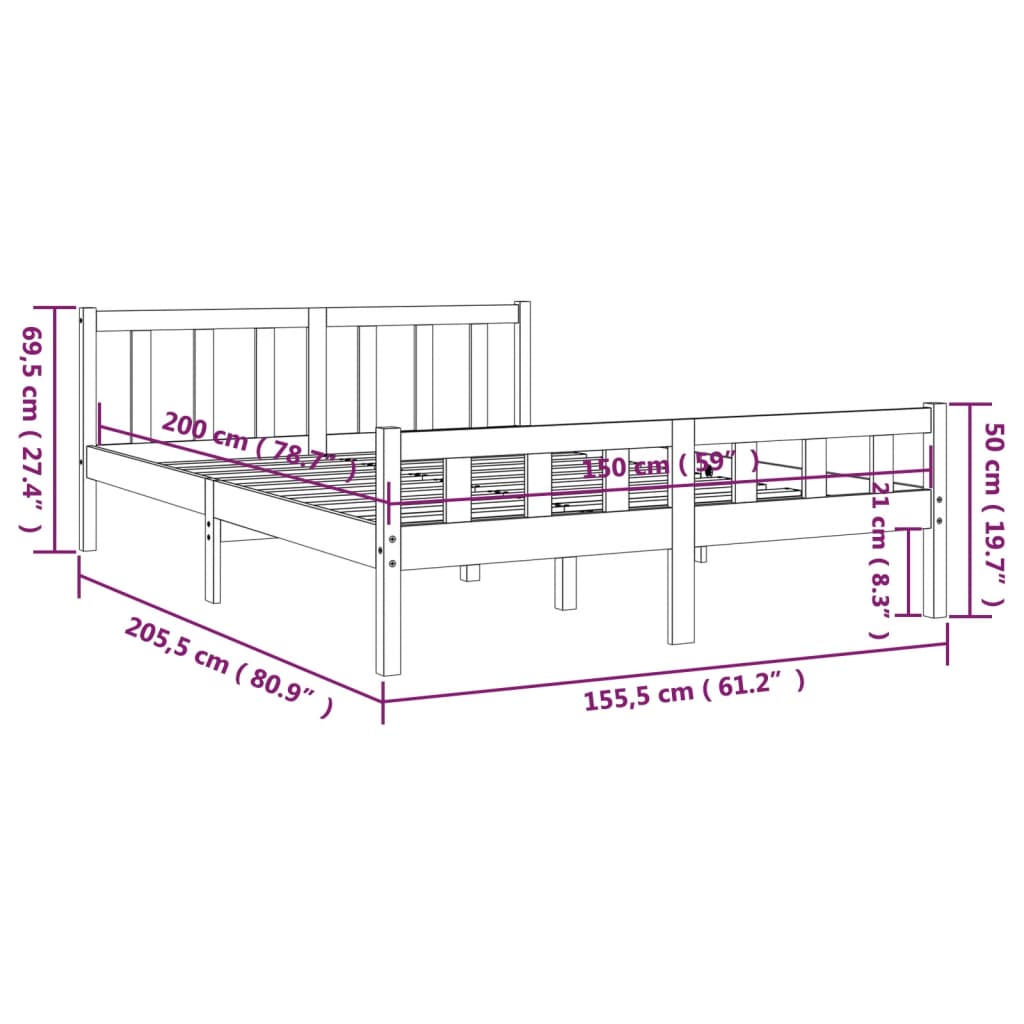 Solid wood bed frame without mattress