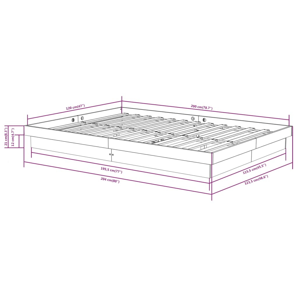 Cadre de lit sans matelas noir bois massif 120x200 cm