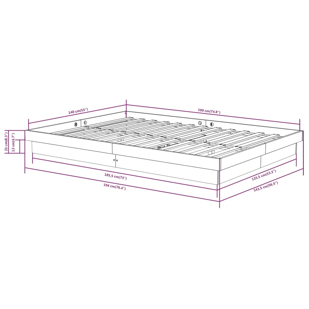 Cadre de lit sans matelas gris bois massif 140x190 cm