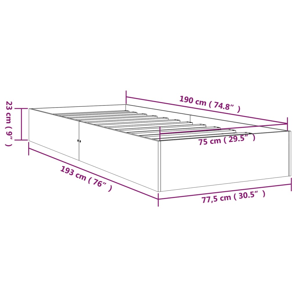 Cadre de lit sans matelas gris bois massif 75x190 cm