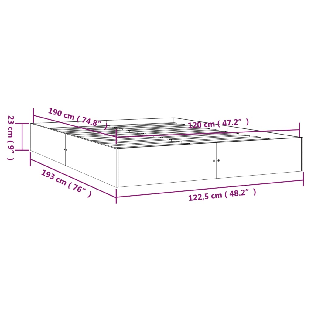 Cadre de lit sans matelas noir bois massif 120x190 cm