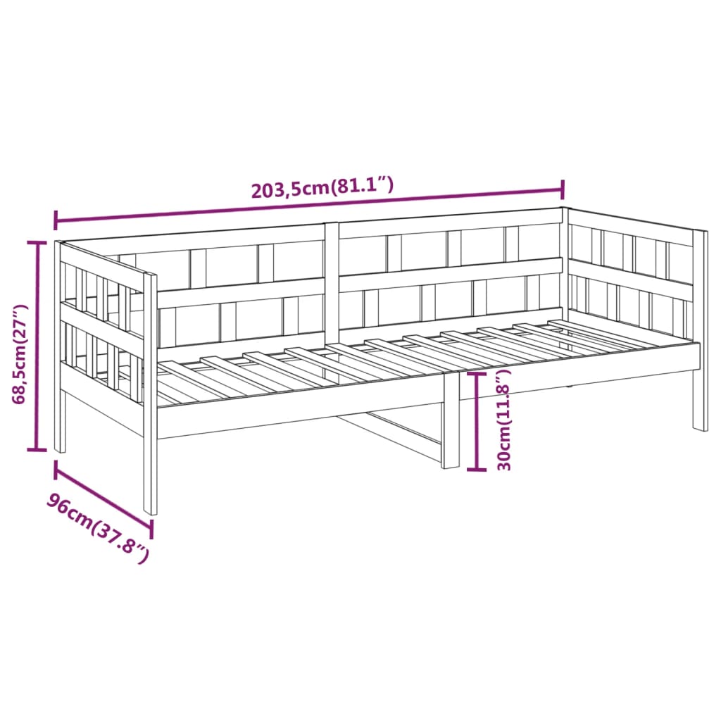 Tagesbett ohne Matratze aus massivem Kiefernholz 90x200 cm