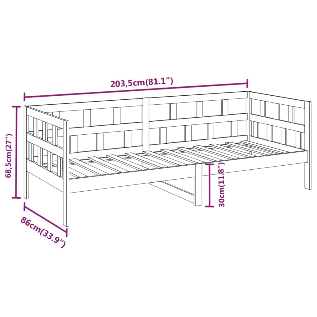 Lit de jour sans matelas noir bois de pin massif 80x200 cm