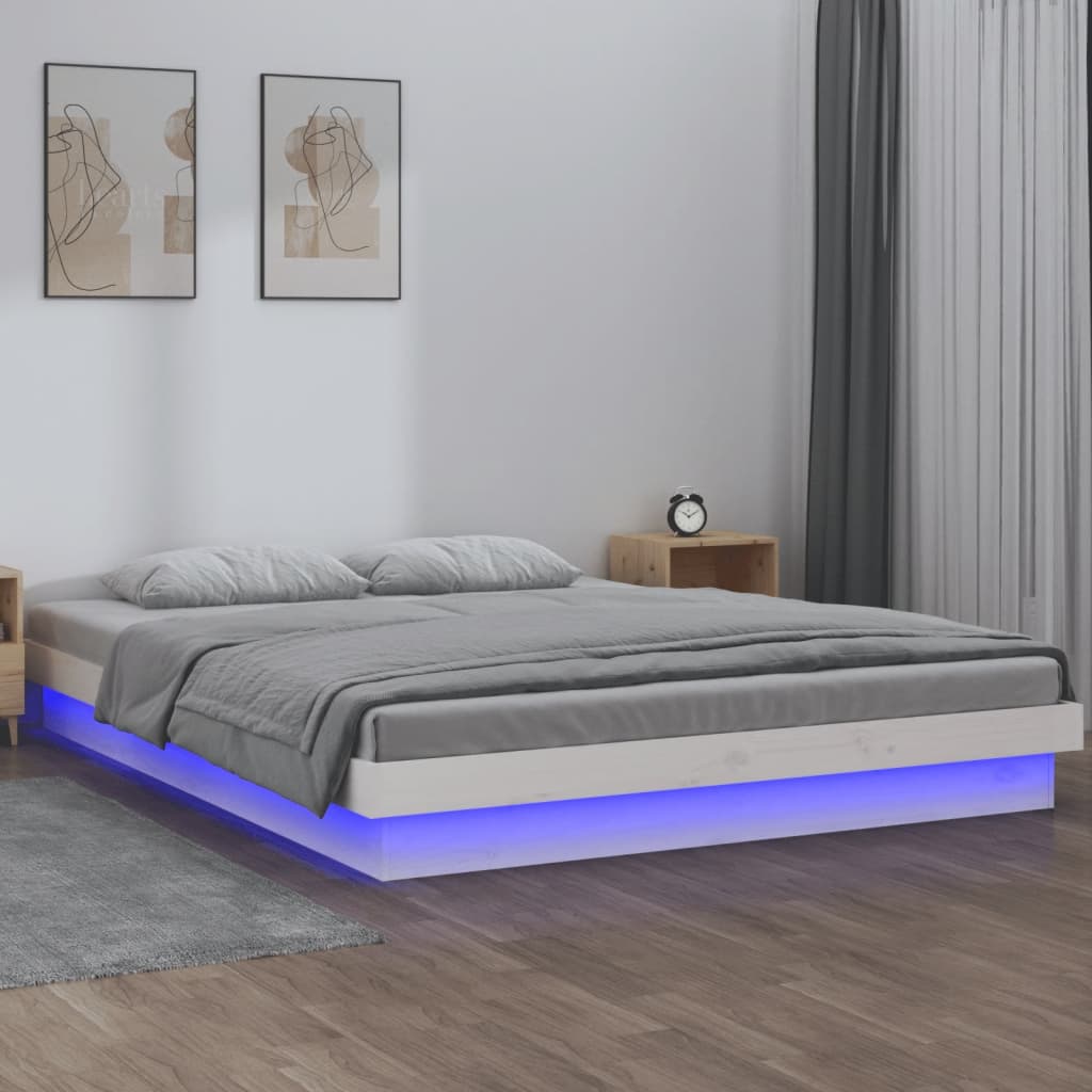 Cadre de lit à LED sans matelas blanc bois massif