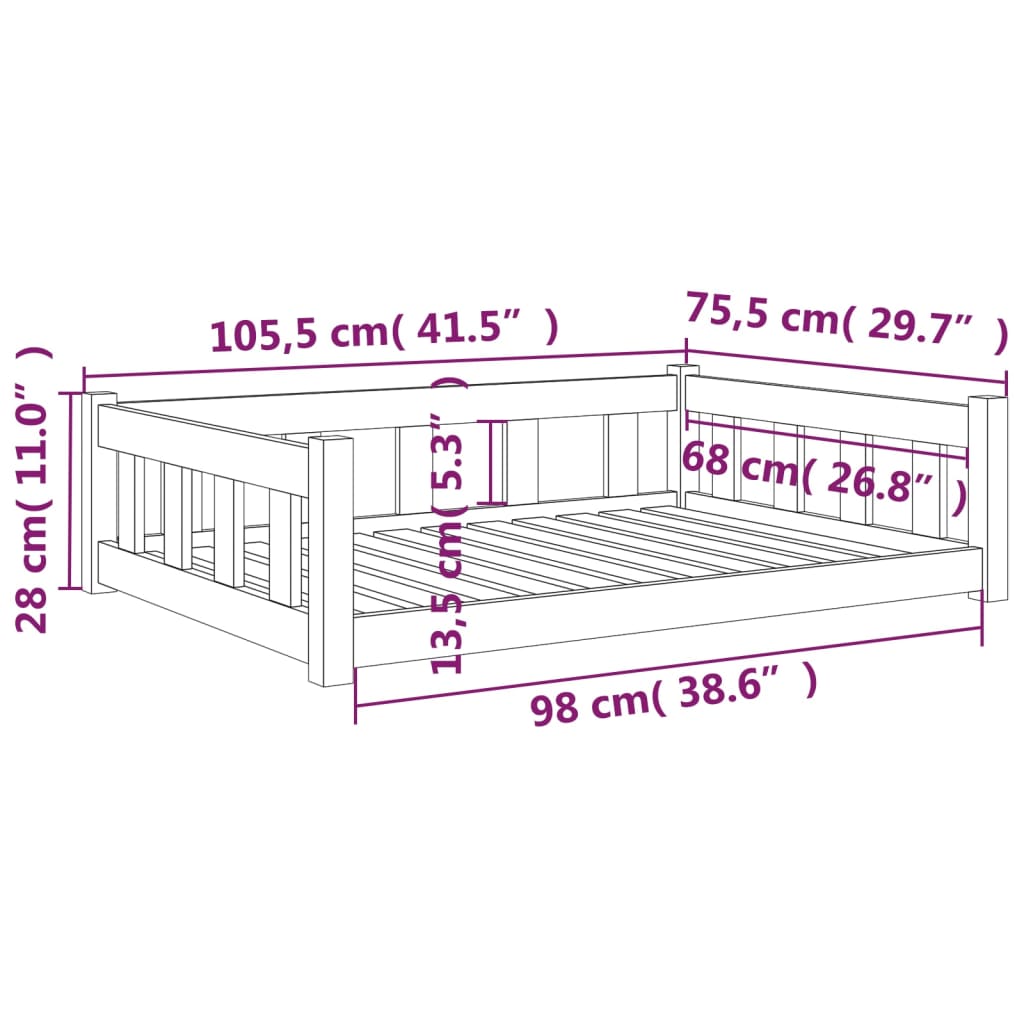 White dog bed 105.5x75.5x28 cm solid pine wood