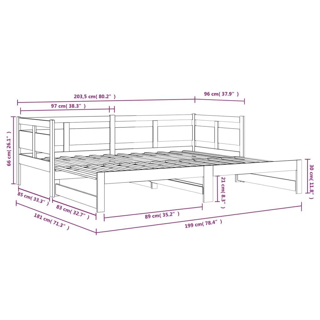 Schiebebett ohne Matratze aus massivem Kiefernholz 2x(90x200) cm