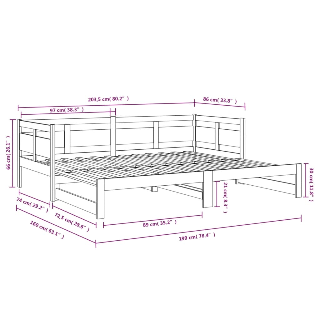 Lit coulissant sans matelas noir 2x(80x200)cm