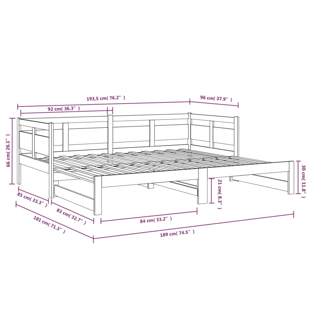 Lit coulissant sans matelas noir 2x(90x190) cm