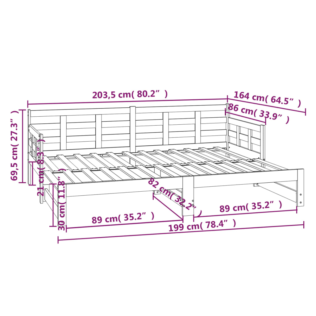 Schiebebett ohne Matratze aus massivem Kiefernholz 2x(80x200) cm