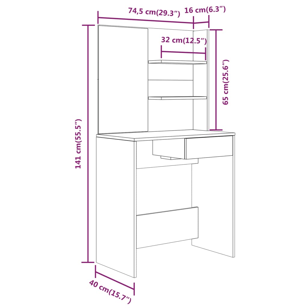 Schminktisch mit Spiegel Sonoma-Eiche 74,5x40x141 cm