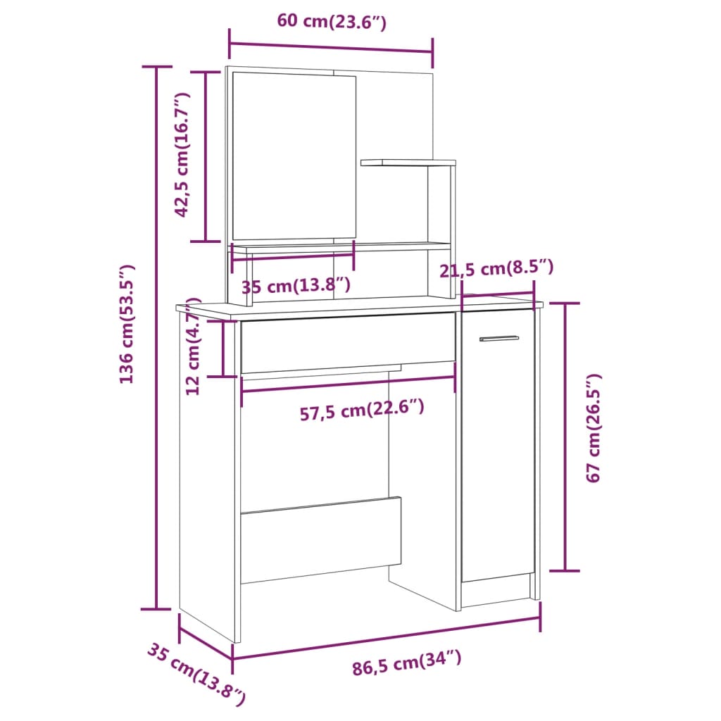 Schminktisch mit weißem Spiegel 86,5x35x136 cm