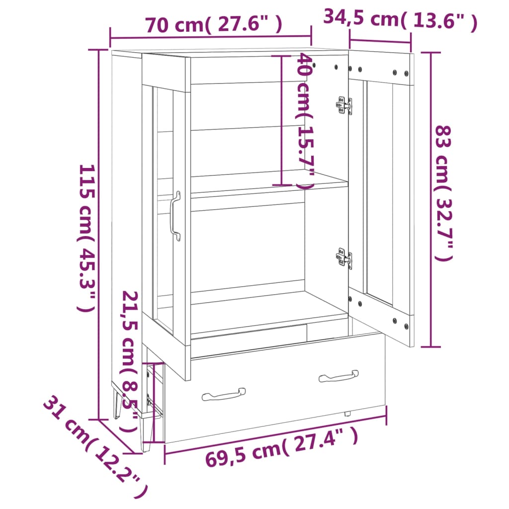 Buffet haut noir 70x31x115 cm bois d'ingénierie