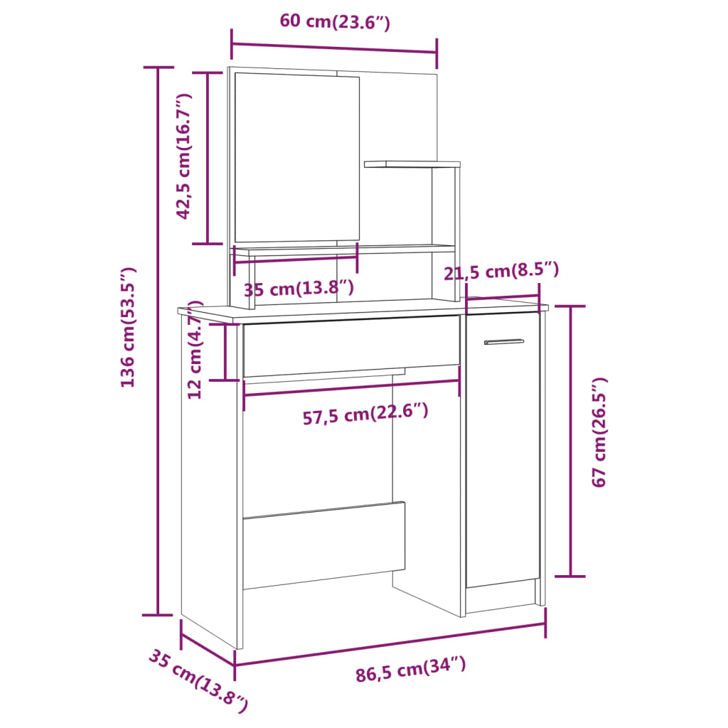 Dressing table with mirror Brown oak 86.5x35x136 cm