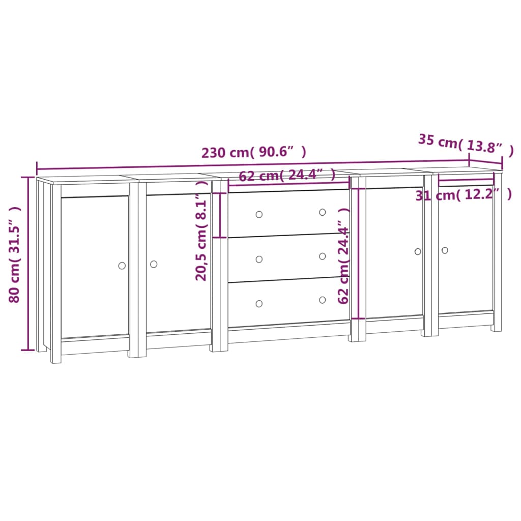 Sideboard 230x35x80 cm Massives Kiefernholz