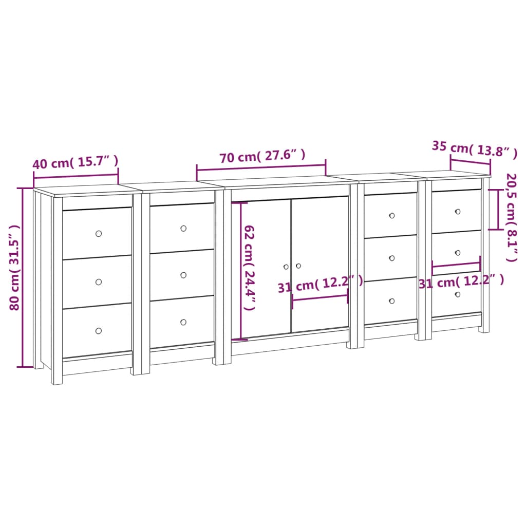 Buffet Noir 230x35x80 cm Bois massif de pin