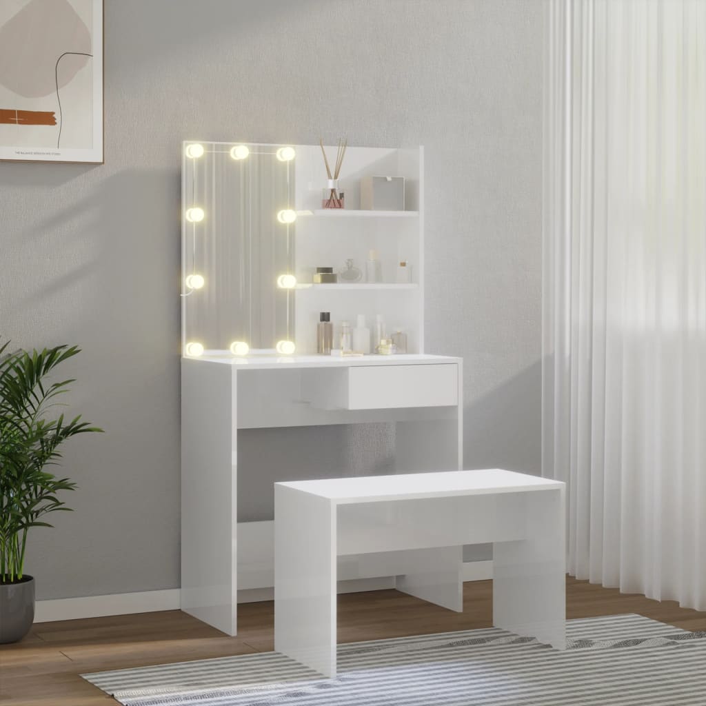 Ensemble de coiffeuse avec LED Blanc brillant Bois d'ingénierie