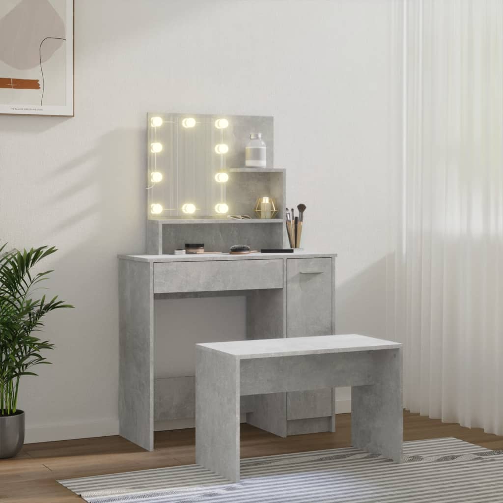 Ensemble de coiffeuse avec LED Gris béton Bois d'ingénierie