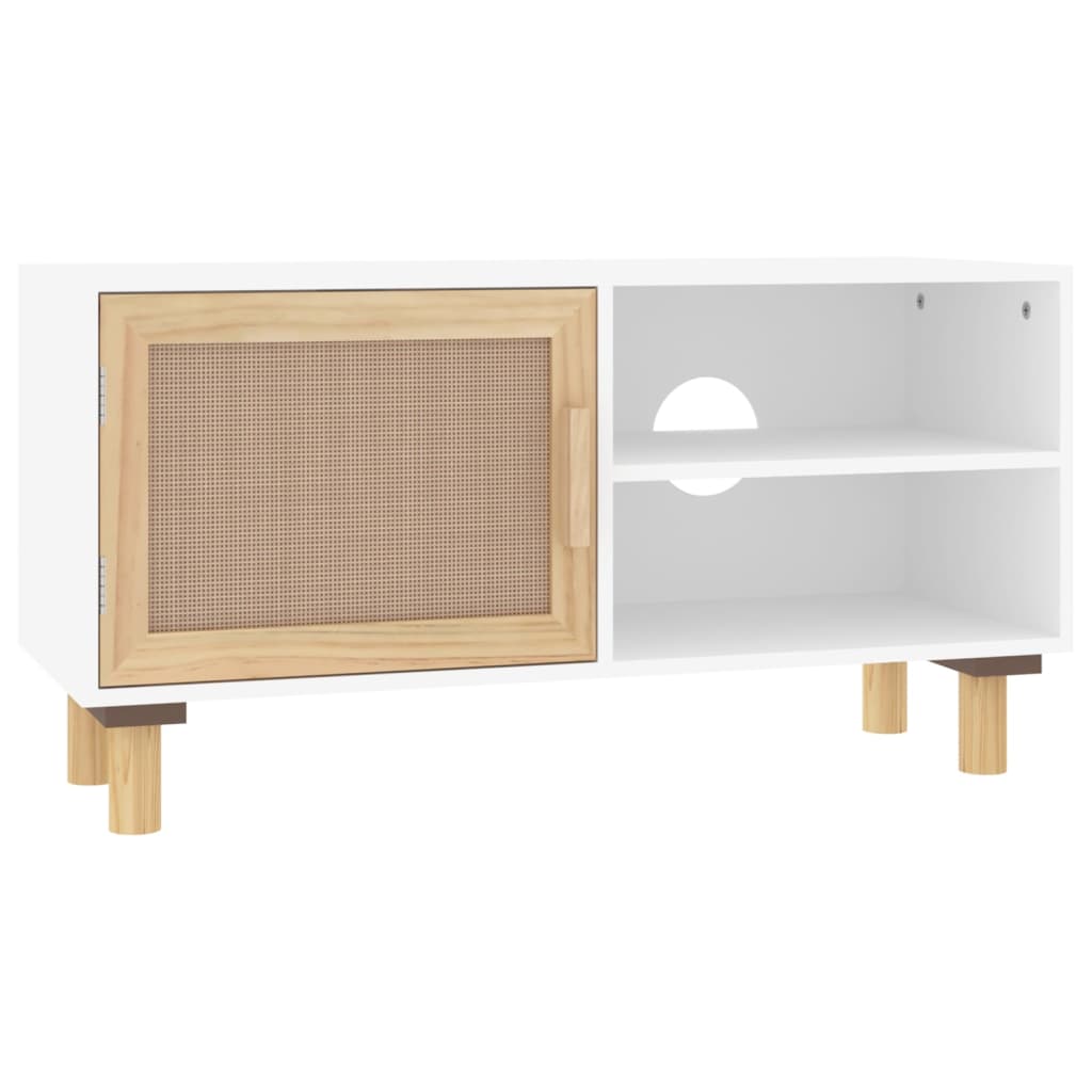 Meuble TV Blanc 80x30x40 cm Bois de pin massif et rotin naturel