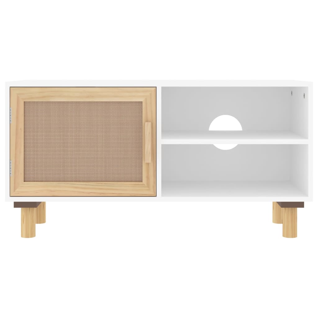 Meuble TV Blanc 80x30x40 cm Bois de pin massif et rotin naturel