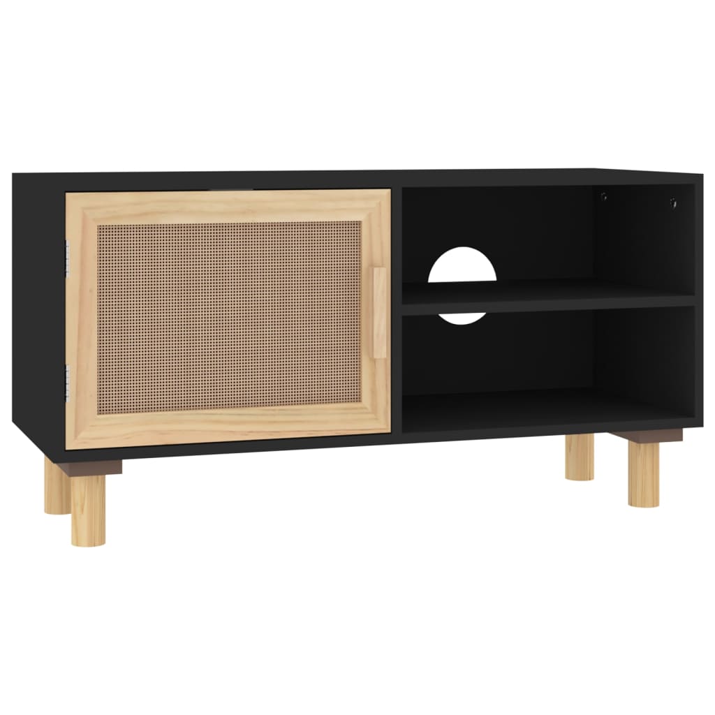 Meuble TV Noir 80x30x40 cm Bois de pin massif et rotin naturel