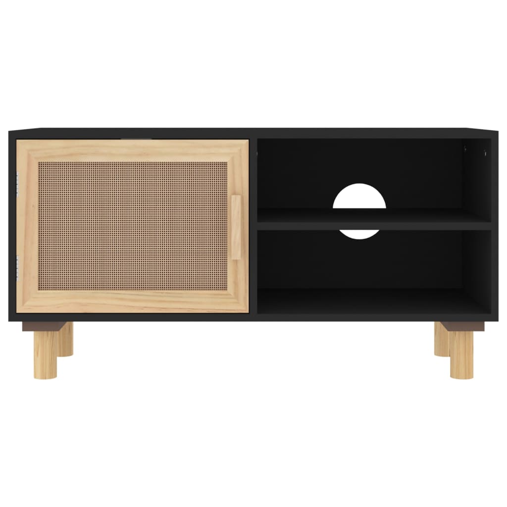 Meuble TV Noir 80x30x40 cm Bois de pin massif et rotin naturel