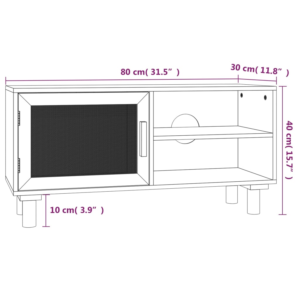 Meuble TV Noir 80x30x40 cm Bois de pin massif et rotin naturel