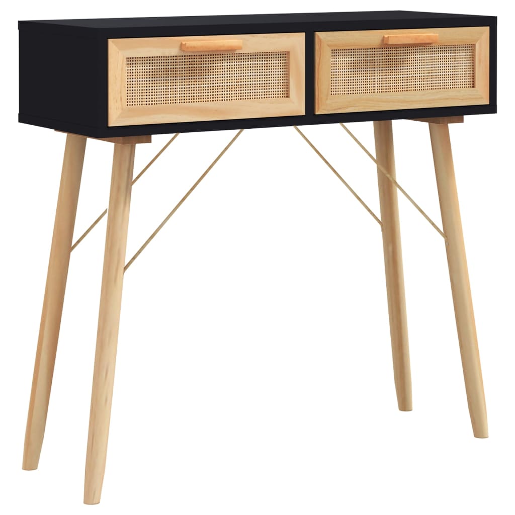 Table console Noir 80x30x75 cm Bois massif pin /rotin naturel