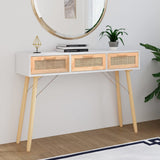 Table console Blanc 105x30x75 cm Bois massif pin /rotin naturel