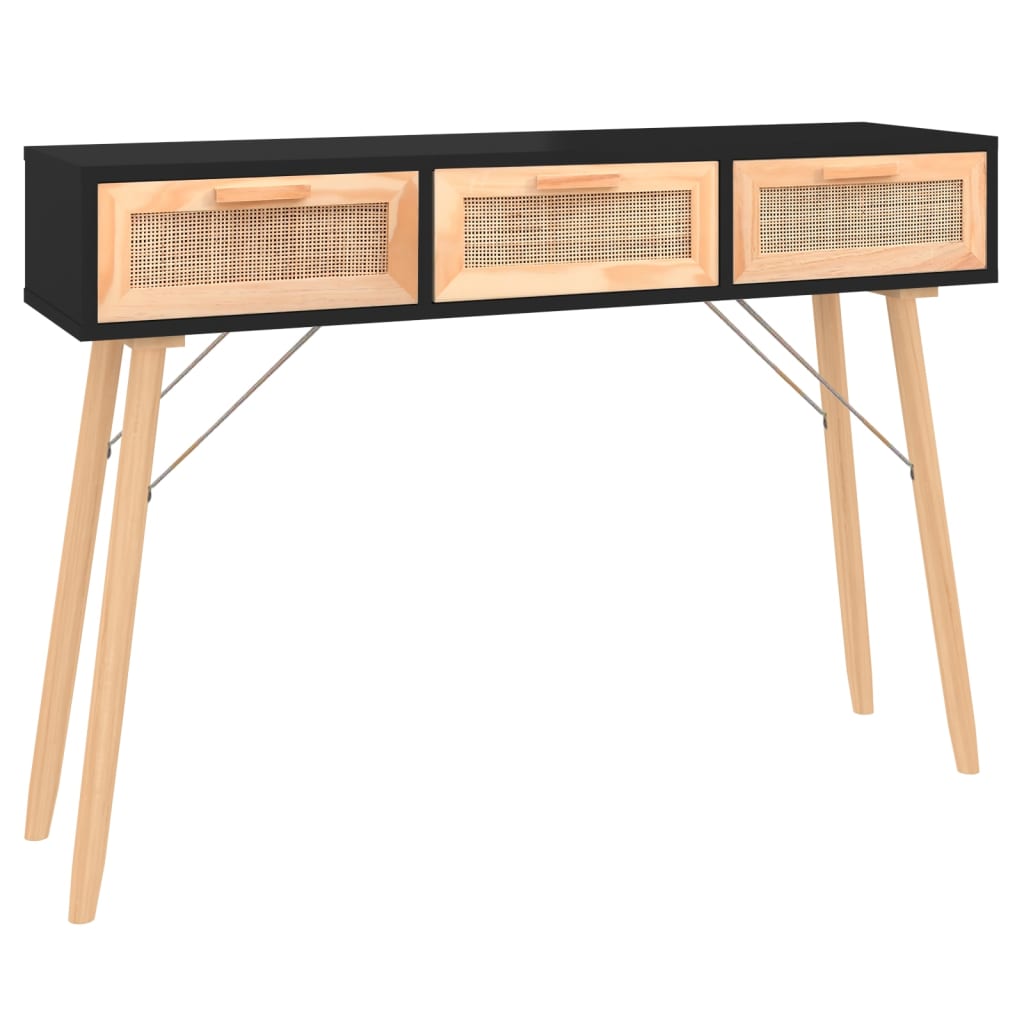 Console table Black 105x30x75 cm Solid pine wood / natural rattan