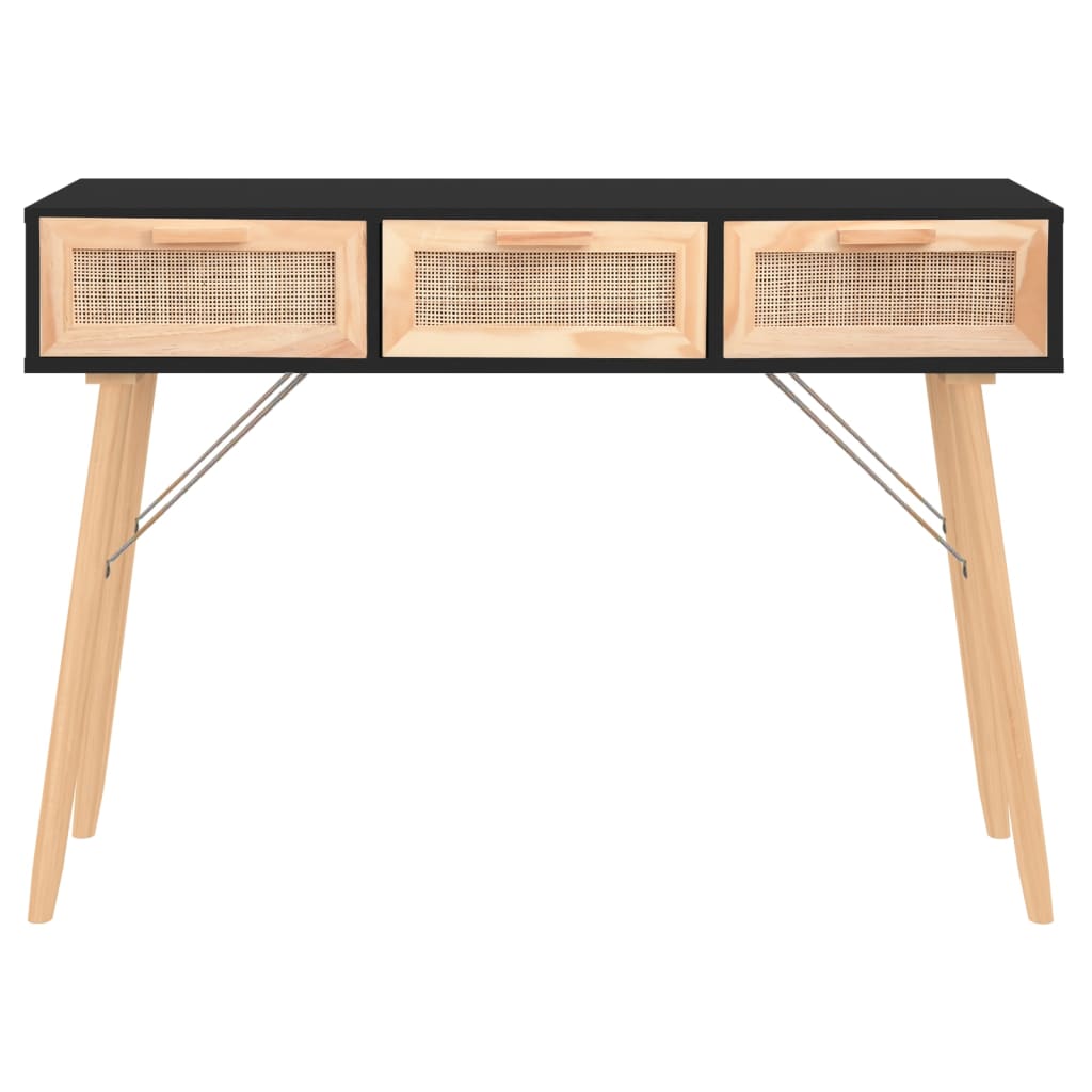 Console table Black 105x30x75 cm Solid pine wood / natural rattan