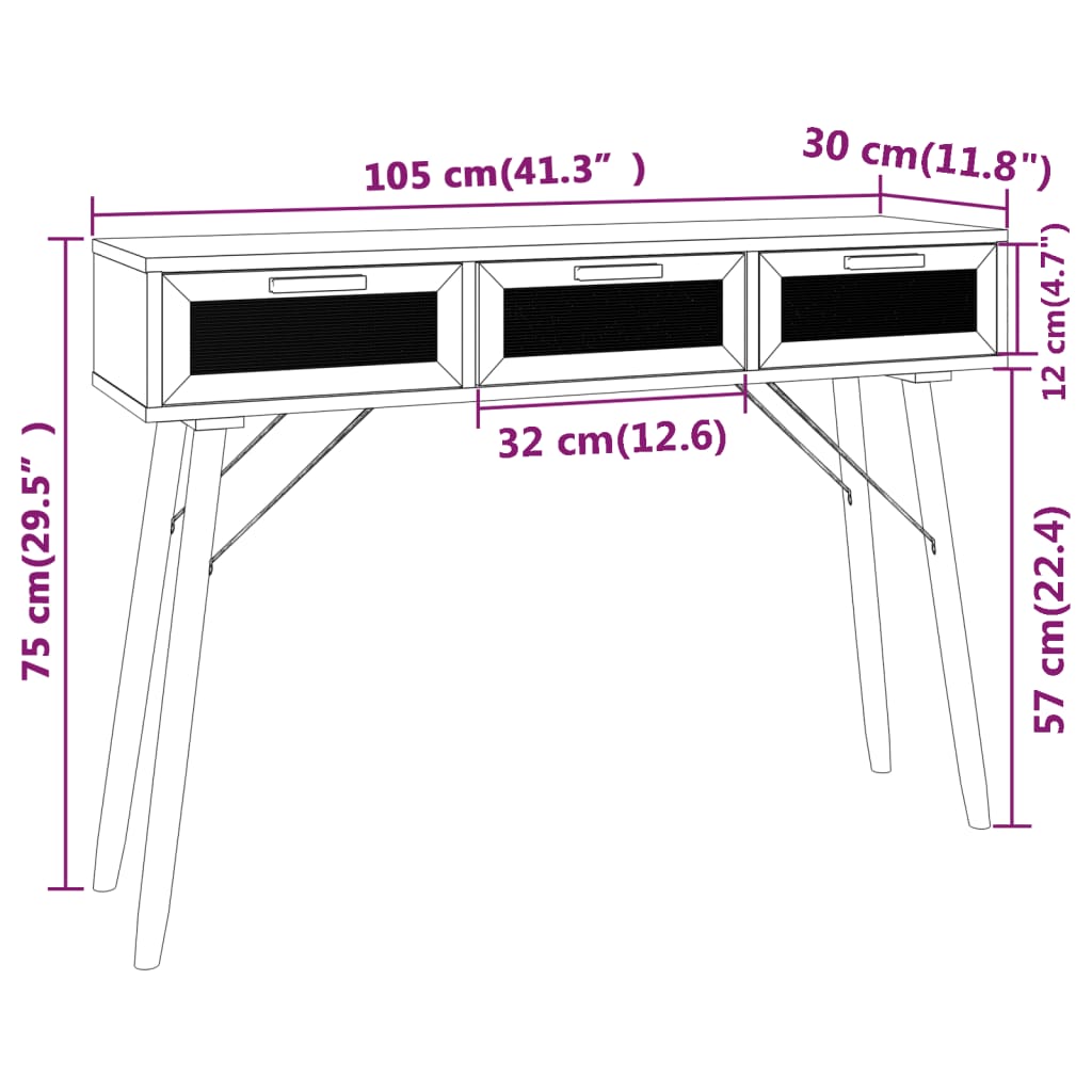 Table console Noir 105x30x75 cm Bois massif pin /rotin naturel