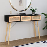 Console table Black 105x30x75 cm Solid pine wood / natural rattan