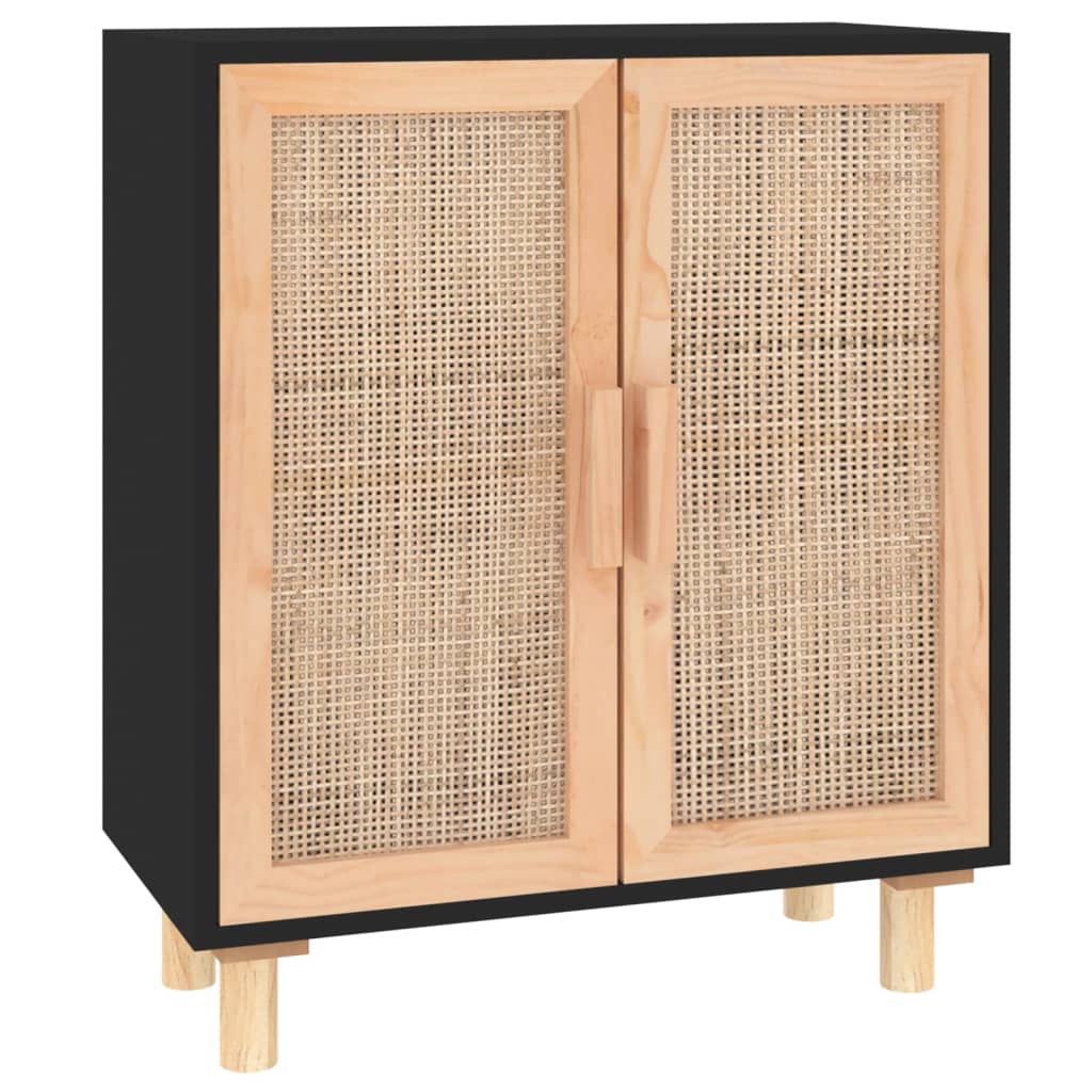 Buffet Noir 60x30x70 cm Bois de pin massif et rotin naturel