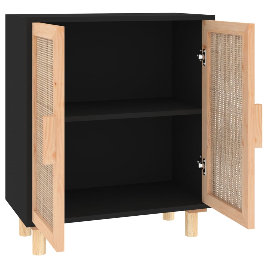 Buffet Noir 60x30x70 cm Bois de pin massif et rotin naturel