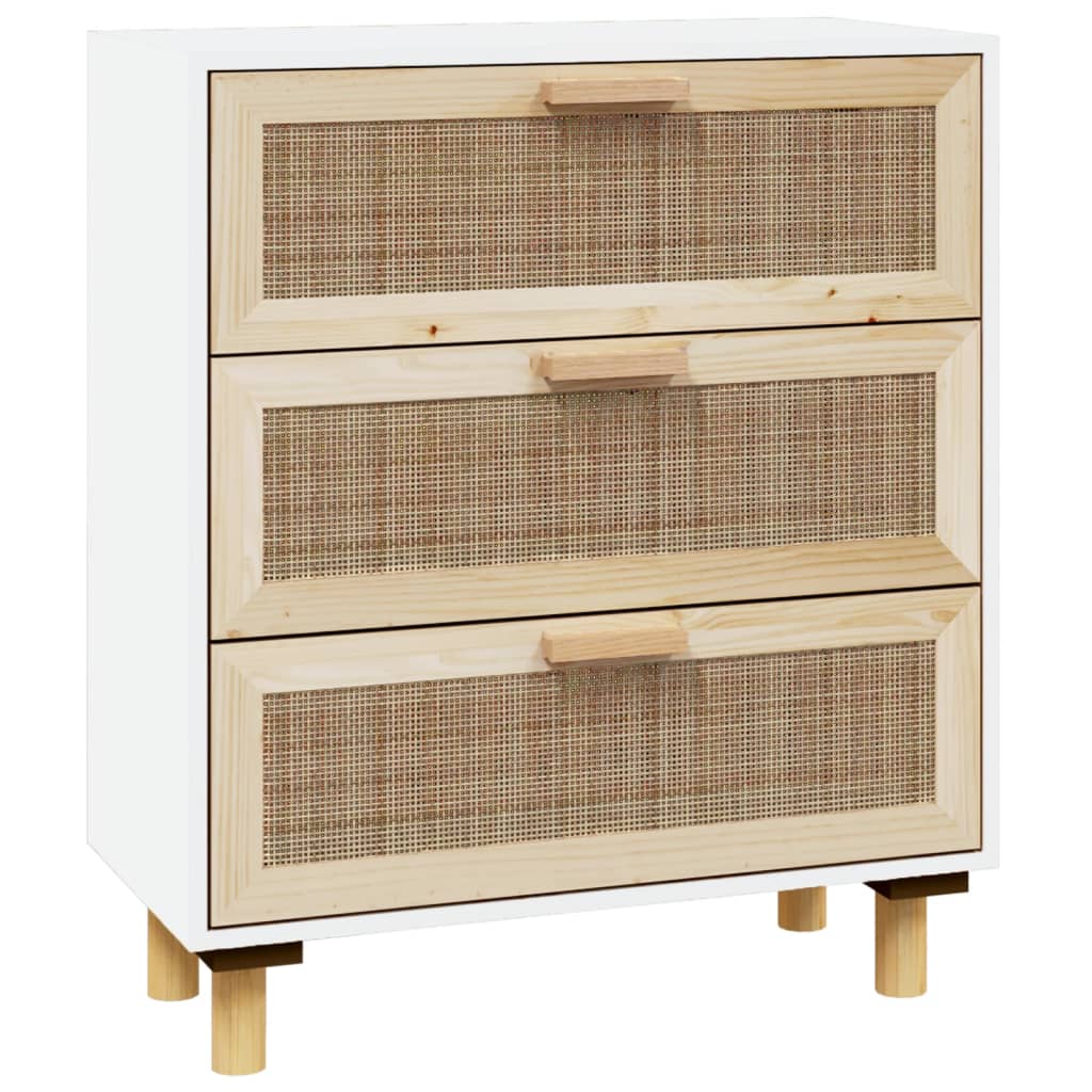 Weißes Sideboard 60x30x70 cm Massives Kiefernholz und natürliches Rattan