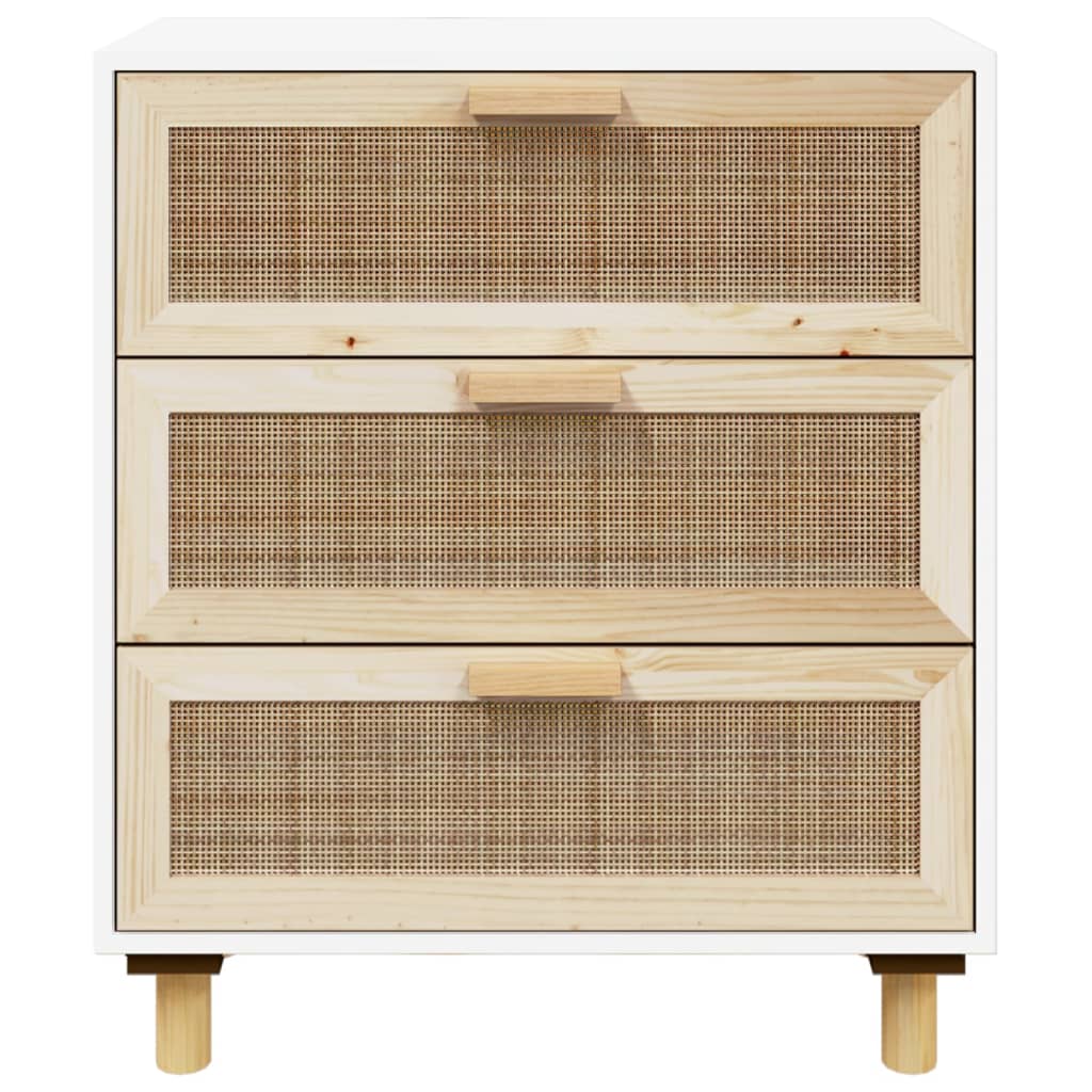 Weißes Sideboard 60x30x70 cm Massives Kiefernholz und natürliches Rattan