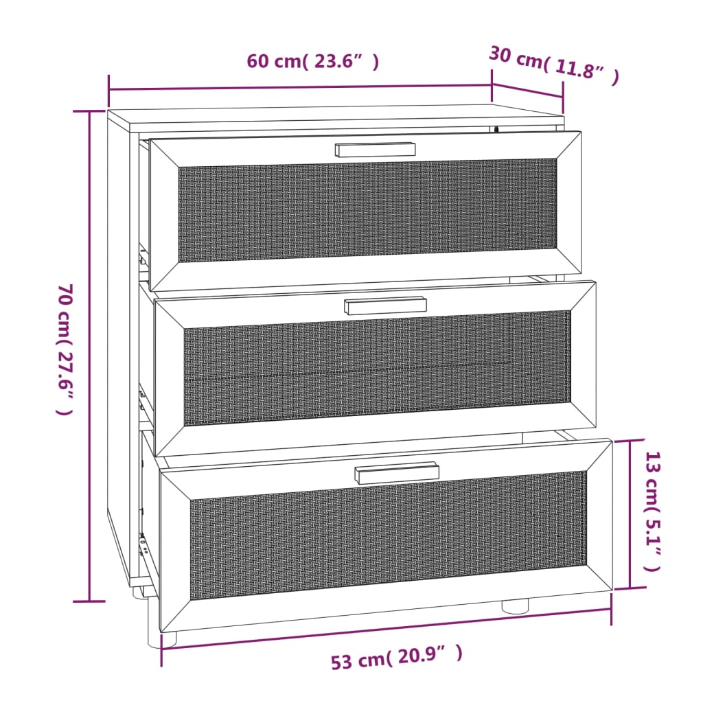 Weißes Sideboard 60x30x70 cm Massives Kiefernholz und natürliches Rattan