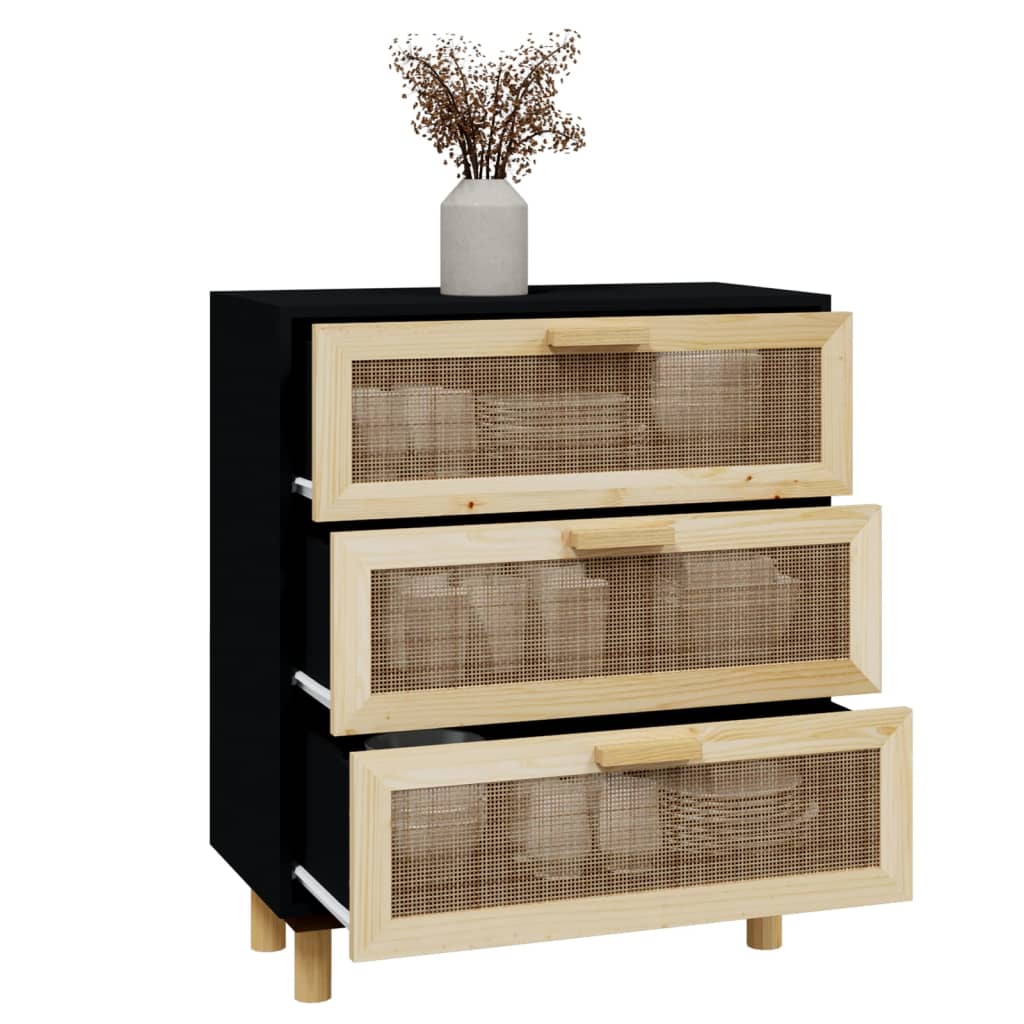 Buffet Noir 60x30x70 cm Bois de pin massif et rotin naturel