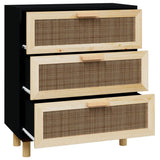 Buffet Noir 60x30x70 cm Bois de pin massif et rotin naturel