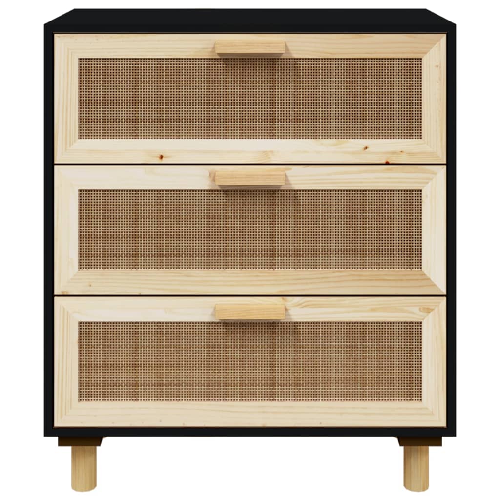 Buffet Noir 60x30x70 cm Bois de pin massif et rotin naturel