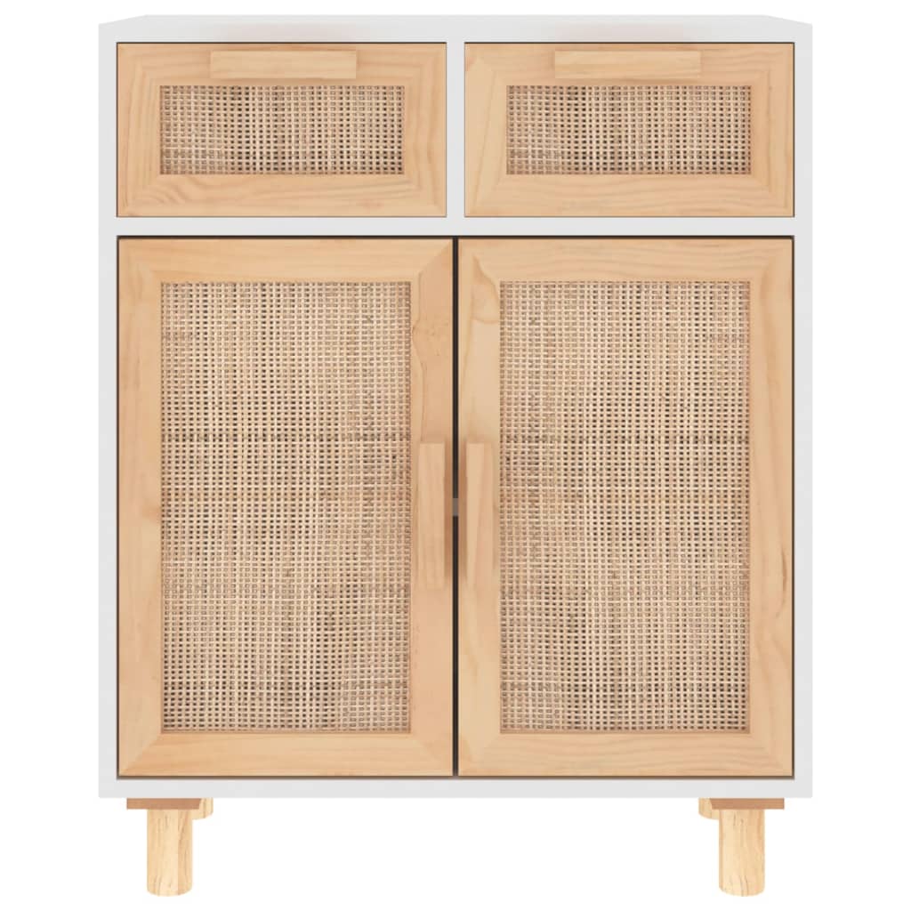 Buffet Blanc 60x30x75 cm Bois de pin massif et rotin naturel