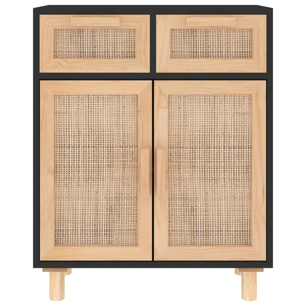 Buffet Noir 60x30x75 cm Bois de pin massif et rotin naturel