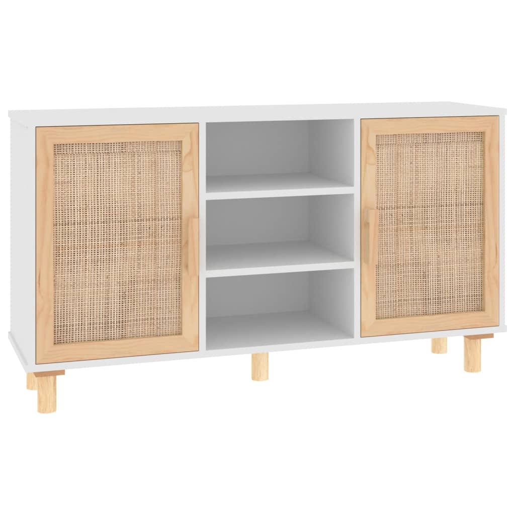 Buffet Blanc 105x30x60 cm Bois de pin massif et rotin naturel