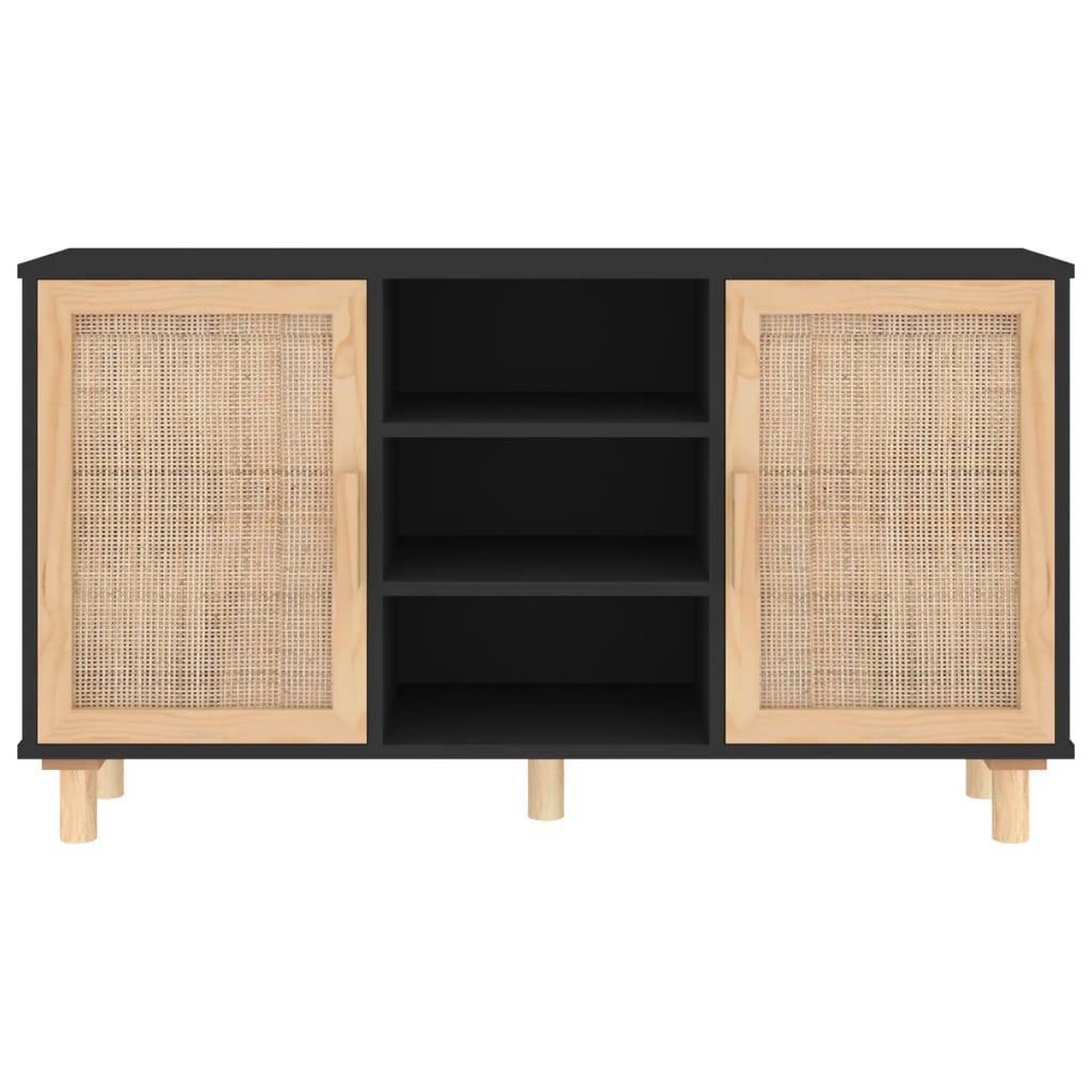 Buffet Noir 105x30x60 cm Bois de pin massif et rotin naturel