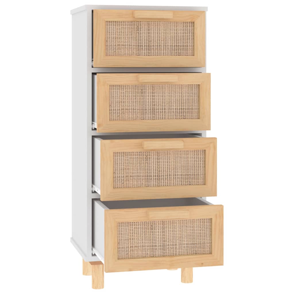 Buffet Blanc 40x30x90 cm Bois de pin massif et rotin naturel